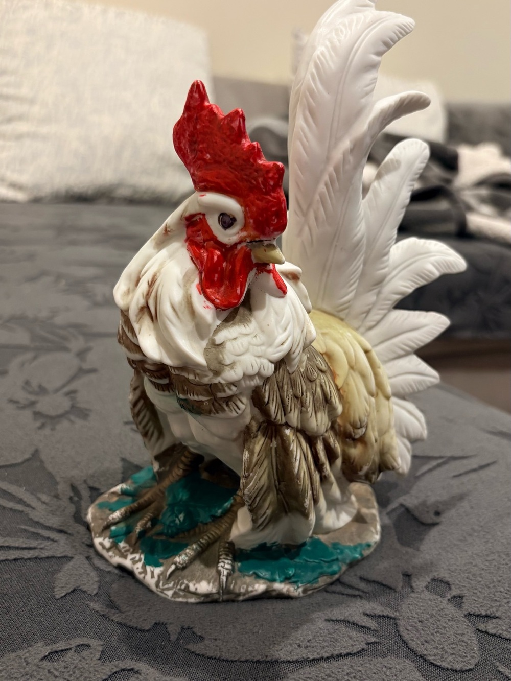 Hand-Painted White and Red Ceramic Rooster Figurine